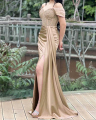 Mermaid Gold Lace Corset Slit Satin Dress - RongMoon