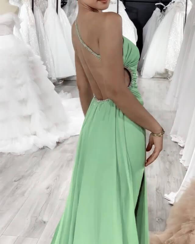 High Slit One Shoulder Open Back Satin Dress - RongMoon