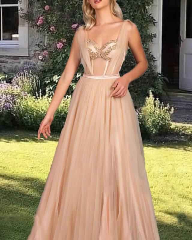 Nude Sweetheart Corset Tulle Prom Dress - RongMoon