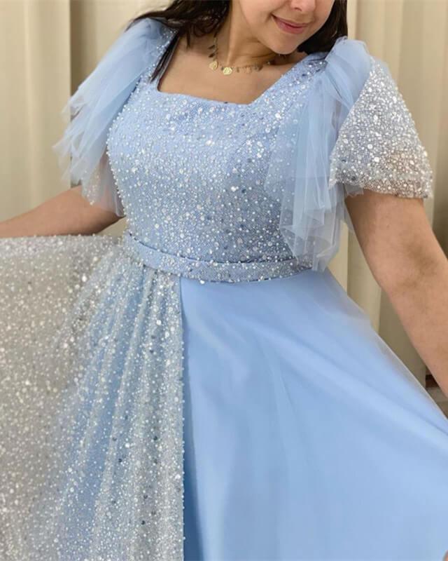 Modest Blue Tulle Puffy Sleeve Prom Dress - RongMoon
