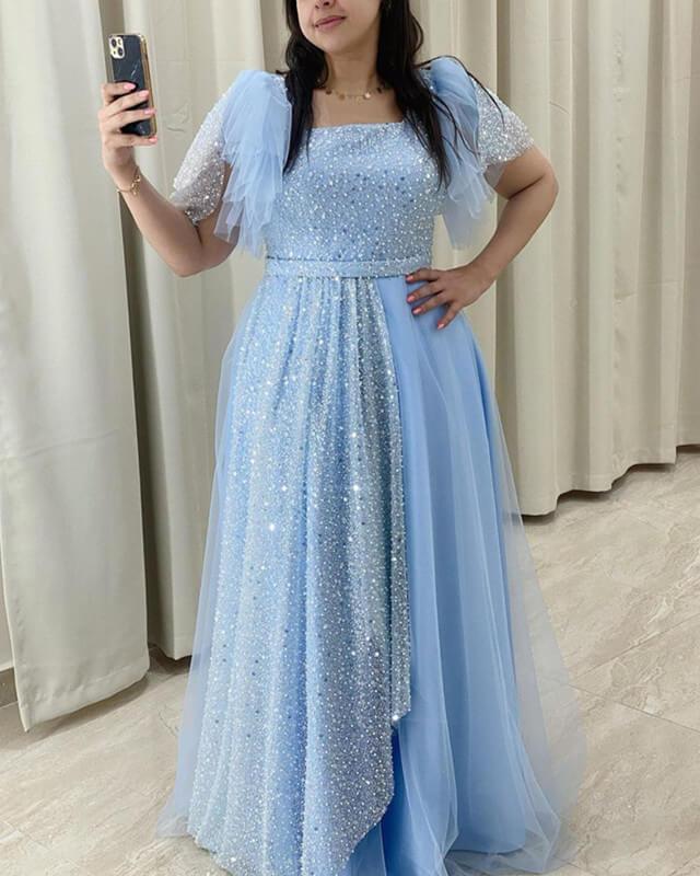 Modest Blue Tulle Puffy Sleeve Prom Dress - RongMoon