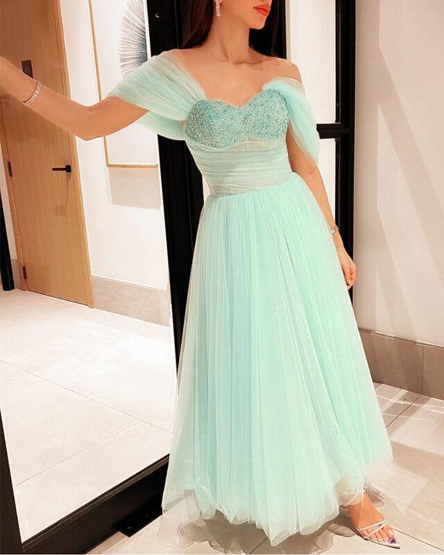 A-line Off Shoulder Tulle Corset Back Dress - RongMoon