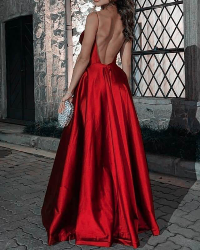 Long Red V-neck Open Back Satin Dress - RongMoon