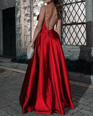 Long Red V-neck Open Back Satin Dress - RongMoon