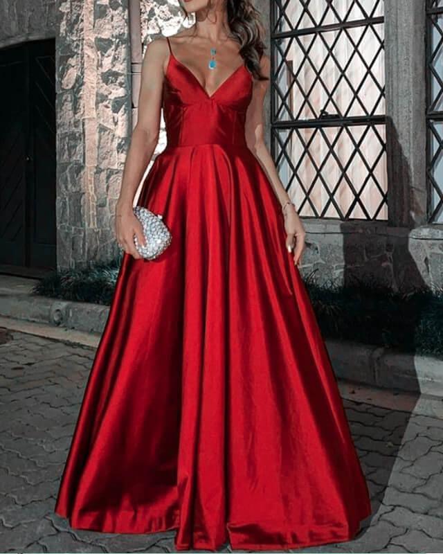 Long Red V-neck Open Back Satin Dress - RongMoon
