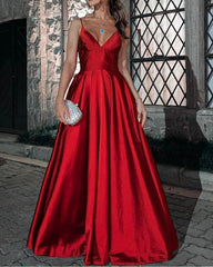 Long Red V-neck Open Back Satin Dress - RongMoon