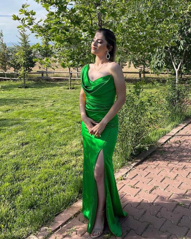 Mermaid Drapped Neck Satin One Strap Dress - RongMoon