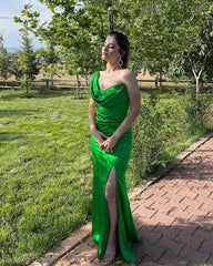 Mermaid Drapped Neck Satin One Strap Dress - RongMoon