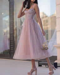 Light Pink Midi Sparkly Corset Dress - RongMoon
