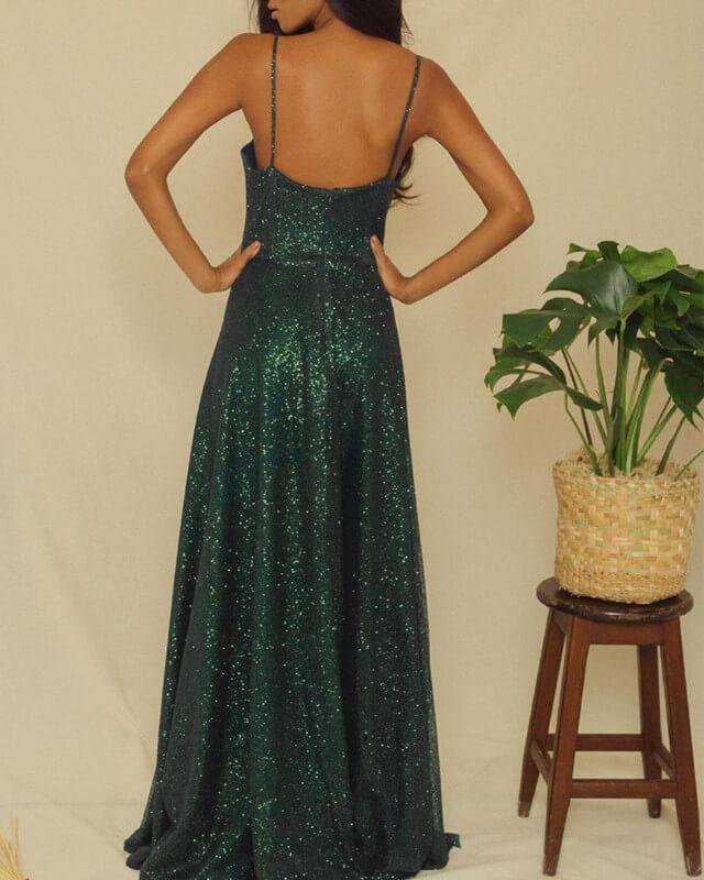 Long Green Sparkly Dress Strapless Open Back - RongMoon