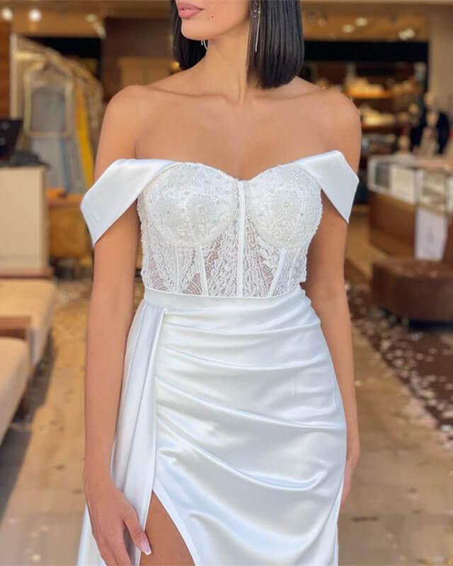 White Bodice Corset Mermaid Split Dress - RongMoon