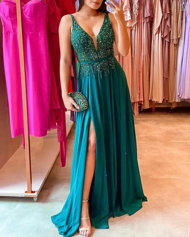 Green Chiffon V-neck Appliques Split Dress - RongMoon