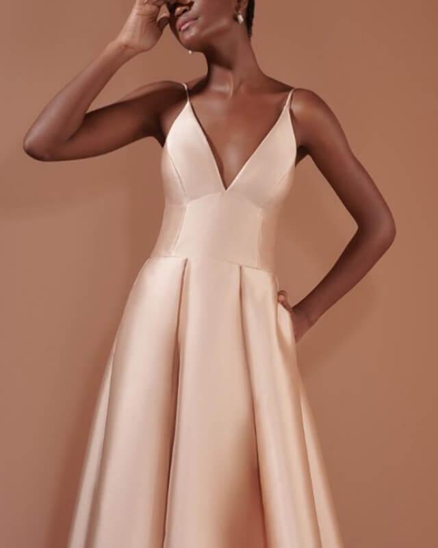 Blush Satin V-neck Floor Length Dress With Pocktes - RongMoon