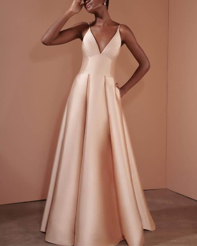 Blush Satin V-neck Floor Length Dress With Pocktes - RongMoon