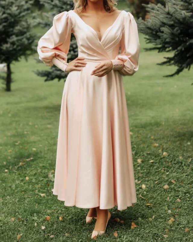 A-line Long Sleeve Midi Satin Dress - RongMoon