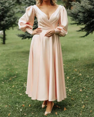 A-line Long Sleeve Midi Satin Dress - RongMoon