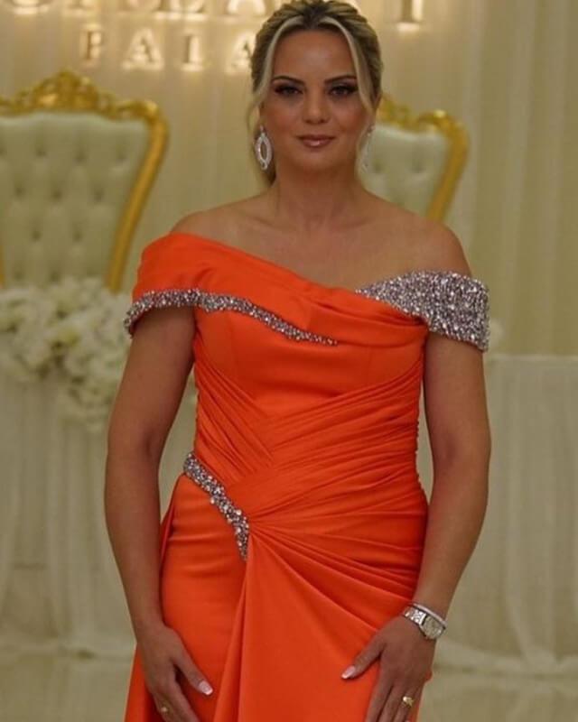Mermaid Orange Satin Off Shoulder Beaded Dress - RongMoon