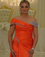 Mermaid Orange Satin Off Shoulder Beaded Dress - RongMoon