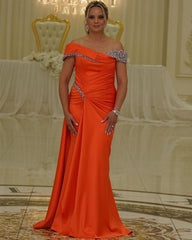 Mermaid Orange Satin Off Shoulder Beaded Dress - RongMoon