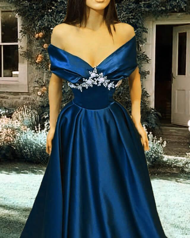 Off The Shoulder Satin Dress With Lace Appliques - RongMoon