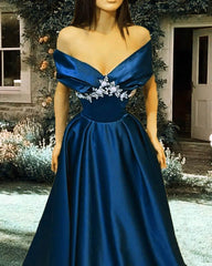 Off The Shoulder Satin Dress With Lace Appliques - RongMoon