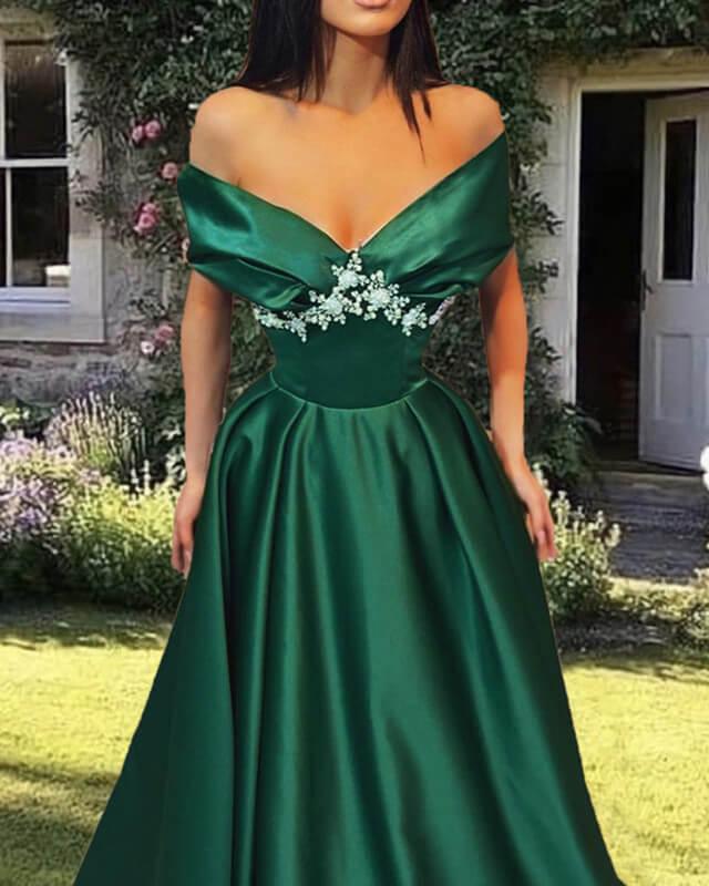Off The Shoulder Satin Dress With Lace Appliques - RongMoon