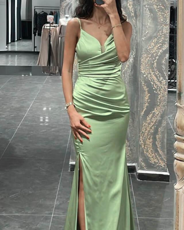 Mermaid Ruched V-neck Slit Satin Dress - RongMoon