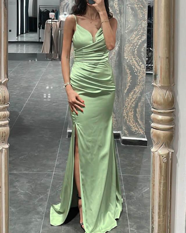 Mermaid Ruched V-neck Slit Satin Dress - RongMoon
