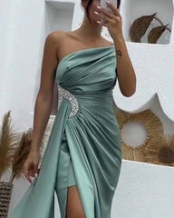 Mermaid High Slit Ruched Satin One Shoulder Dress - RongMoon
