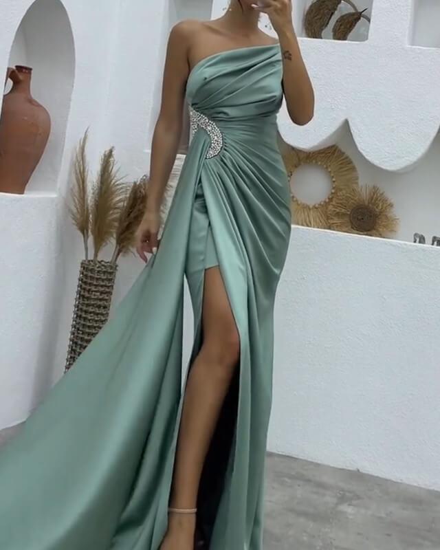 Mermaid High Slit Ruched Satin One Shoulder Dress - RongMoon