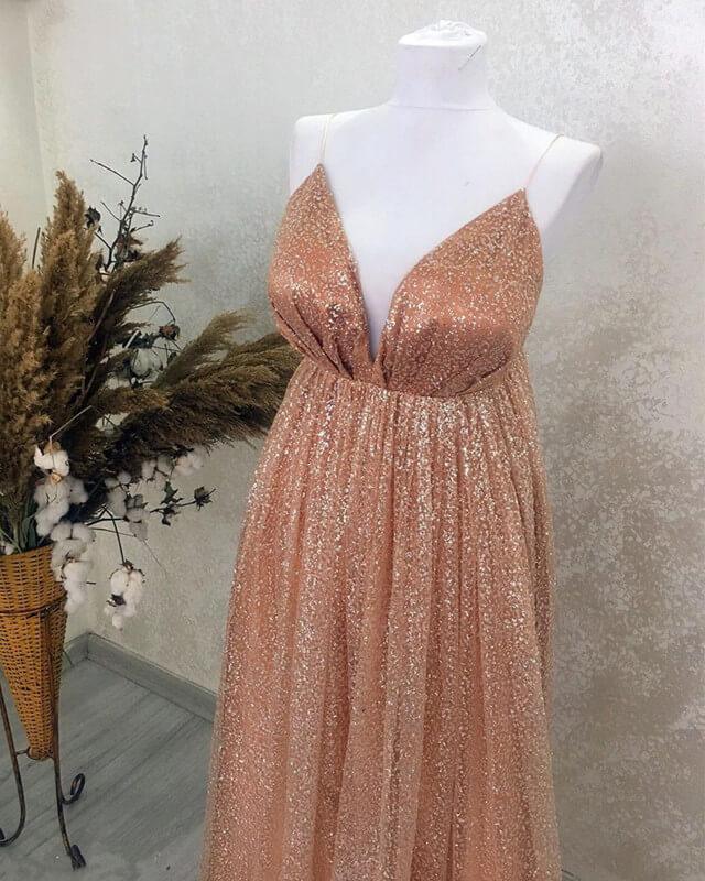Sparkly A-line Plunging Neck Open Back Dress - RongMoon