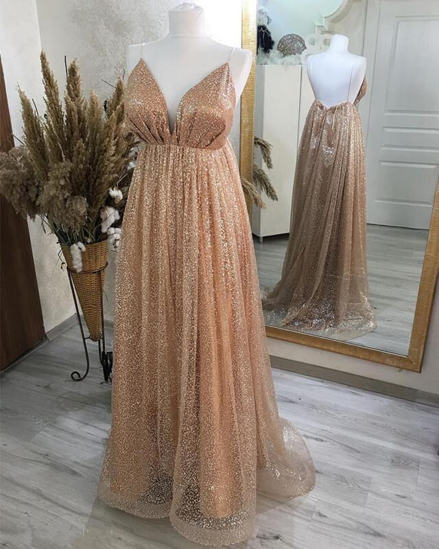 Sparkly A-line Plunging Neck Open Back Dress - RongMoon
