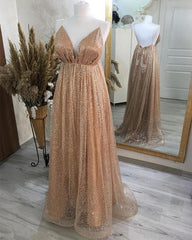 Sparkly A-line Plunging Neck Open Back Dress - RongMoon