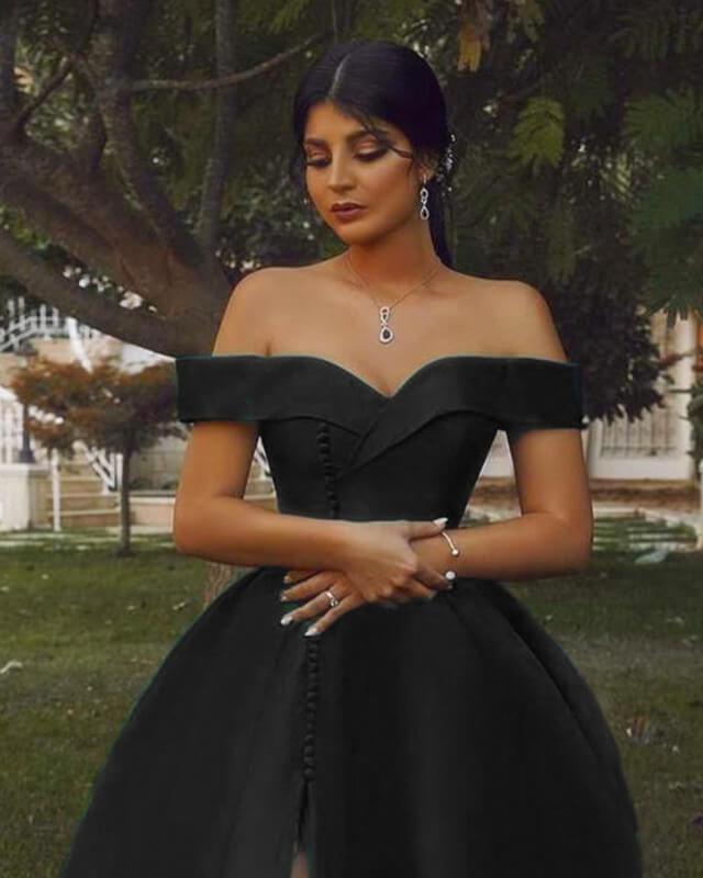 Long Black Satin Off Shoulder Split Dress - RongMoon