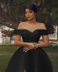 Long Black Satin Off Shoulder Split Dress - RongMoon