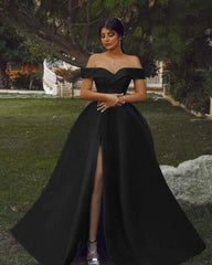 Long Black Satin Off Shoulder Split Dress - RongMoon