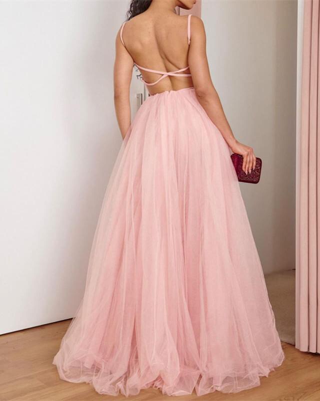 Long Pink Tulle Corset Top Dress - RongMoon