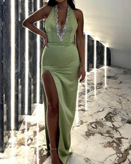 Mermaid Beaded Halter Split Satin Dress - RongMoon