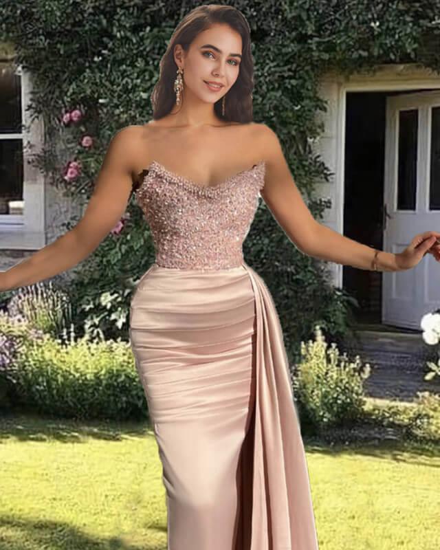 Mermaid Pink Beaded Strapless Satin Dress - RongMoon