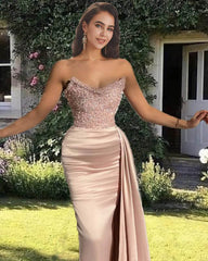 Mermaid Pink Beaded Strapless Satin Dress - RongMoon