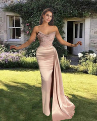 Mermaid Pink Beaded Strapless Satin Dress - RongMoon