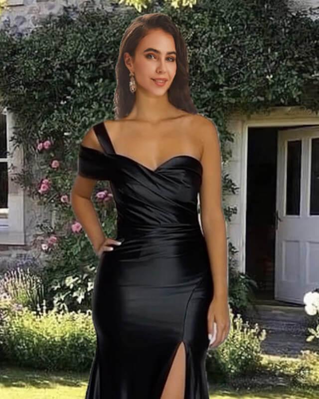 Mermaid Black One Shoulder Split Satin Dress - RongMoon