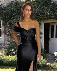 Mermaid Black One Shoulder Split Satin Dress - RongMoon