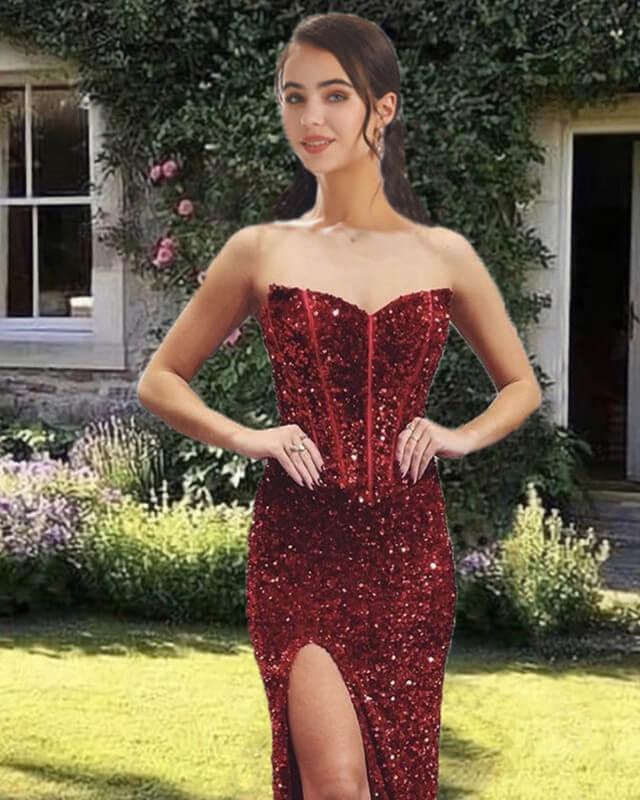 Mermaid Burgundy Sequin Corset Split Dress - RongMoon