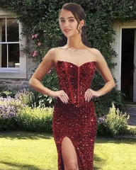 Mermaid Burgundy Sequin Corset Split Dress - RongMoon