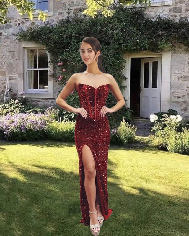 Mermaid Burgundy Sequin Corset Split Dress - RongMoon
