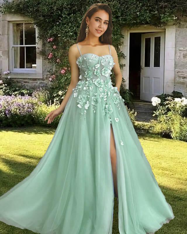 Light Green 3D Flowers Tulle Corset Dress - RongMoon