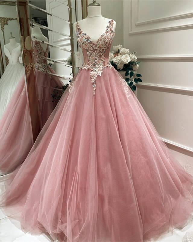 Tulle Ball Gown V Neck Appliques Dress - RongMoon