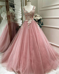 Tulle Ball Gown V Neck Appliques Dress - RongMoon