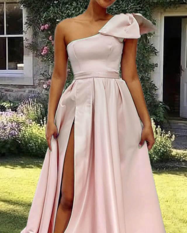 Pale Pink Satin One Shoulder Dress - RongMoon